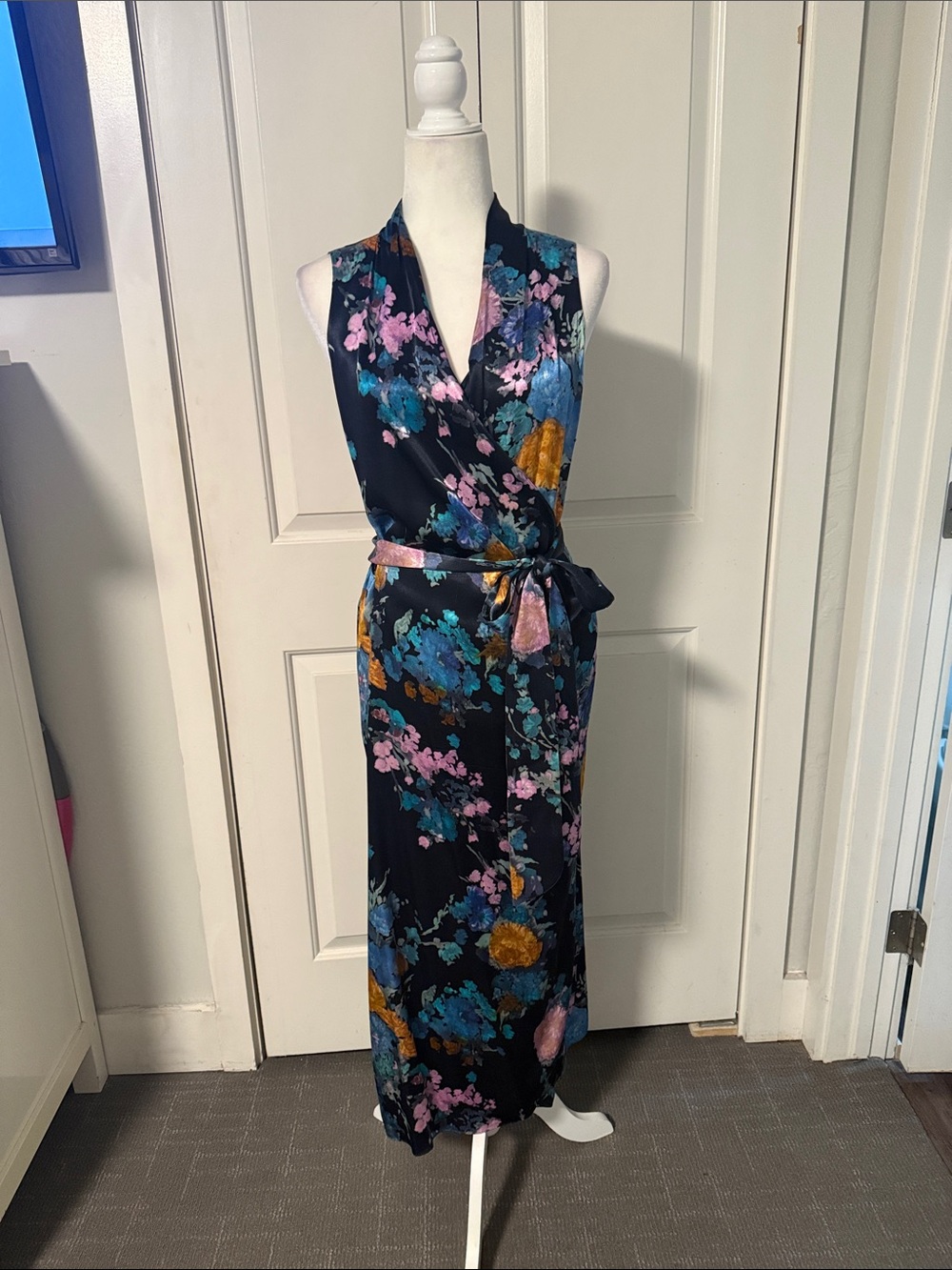 Vince Black Floral Sleeveless Wrap Maxi Dress with Teal, Pink & Gold Accents